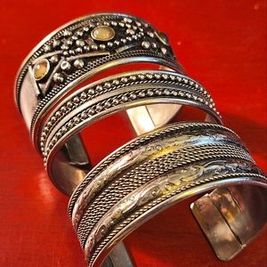 3 Silver Metal Bracelets, various widths, designs, Bangles, Boho, Hippie